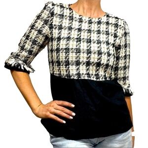 Zara Basic Classic Tweed Plaid Cotton Peplum Top Large White Black
